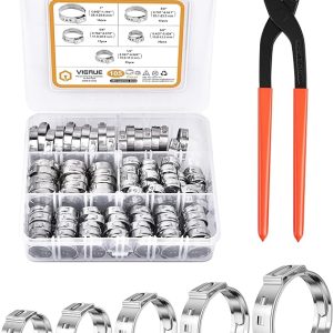 VIGRUE 105PCS 10.8-29.6mm Stepless Hose Clamp with Ear Clamp Clamp Set Sliver