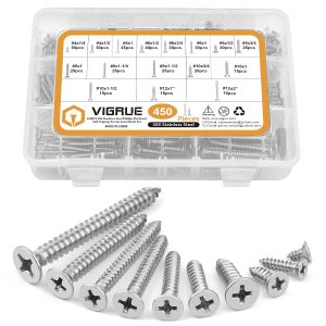 VIGRUE 450Pcs Stainless Steel Phillips Wood Screws Self-Tapping Screws Assortment Kit