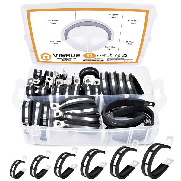 VIGRUE 53Pcs 304 Stainless Steel Cable Clamps Assortment Kit