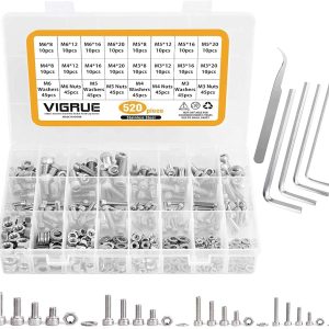 VIGRUE 520Pcs Hex Socket Head Cap Screws Nuts,M3 M4 M5 M6 Hexagon Socket Head Screw Assortment Kit