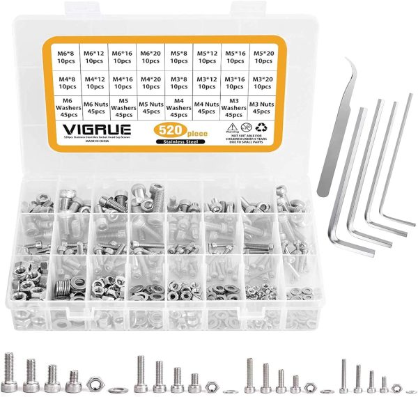VIGRUE 520Pcs Hex Socket Head Cap Screws Nuts,M3 M4 M5 M6 Hexagon Socket Head Screw Assortment Kit