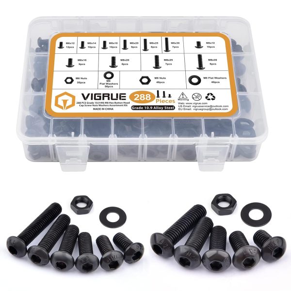 VIGRUE 288Pcs Fully Threaded Button Head Hex Socket Kit,Fully Threaded M6 M8 Size