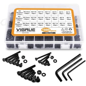 VIGRUE 1080Pcs M2 M3 M4 Hexagon Socket Head Cap Screws Bolts Nuts Washers Sets, 12.9 Alloy Steel With Allen Wrenches.