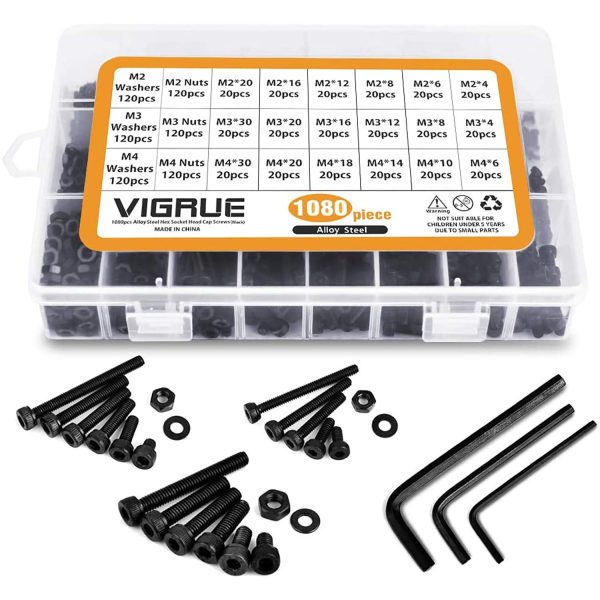 VIGRUE 1080Pcs M2 M3 M4 Hexagon Socket Head Cap Screws Bolts Nuts Washers Sets, 12.9 Alloy Steel With Allen Wrenches.