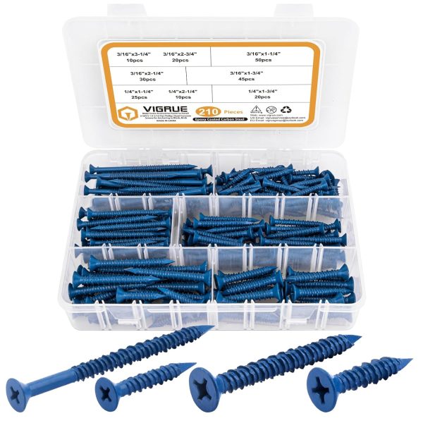 VIGRUE 210Pcs Blue Cement Screws,Carbon Steel Cross Hatch Flat Head,Length 1-1/4" to 2-3/4"