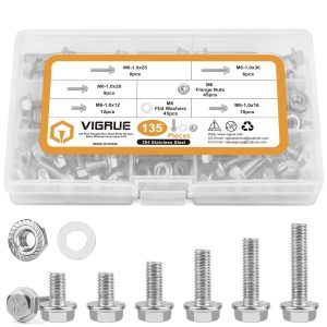 VIGRUE 135Pcs M6 Flanged Hex Head Bolts,Stainless Steel (M6-1.0 x 12/16/20/25/30mm)