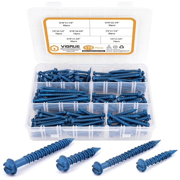 VIGRUE 175Pcs Blue Cement Screws, Slotted Hex Flat Head, 1022A In Carbon Steel