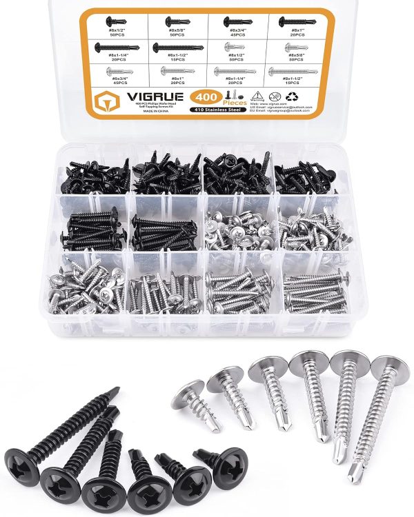 VIGRUE 400Pcs #8 Washer Drill Screws Self-Tapping Screws Sets(Sliver And Black)