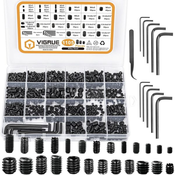 VIGRUE 1105Pcs Metric & SAE Set Screw Assortment Kit, M3 to M8 and 1/8-40 to 5/16-18