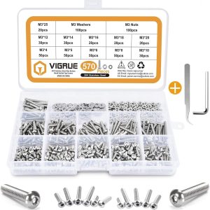 VIGRUE 570Pcs M3 4-25mm Hex Button Head Socket Cap Screws.Fully Machine Thread