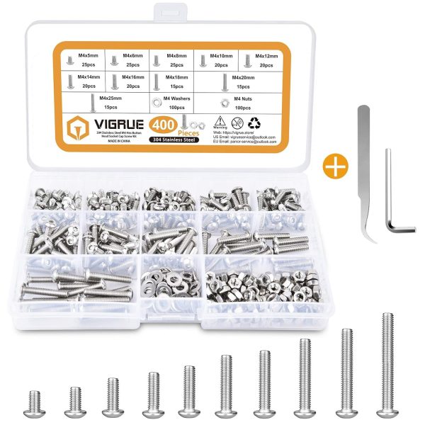 VIGRUE 400Pcs M4 Screws Hex Button Head Socket Cap Screws Nuts Set,Size(M4x5/6/8/10/12/14/16/18/20/25mm)