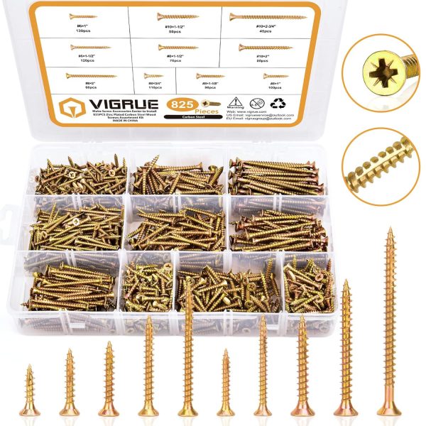 VIGRUE 825Pcs #6#8#10 Self Tapping Screw Assortment,Zinc Plated Carbon Steel Screws