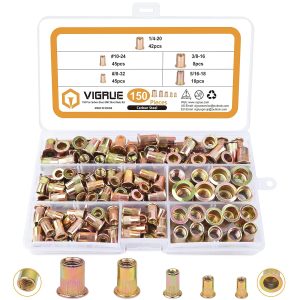 VIGRUE 150Pcs Rivet Nuts Assortment Kit,Flat Head Threaded Insert Nut Assort Set Yellow