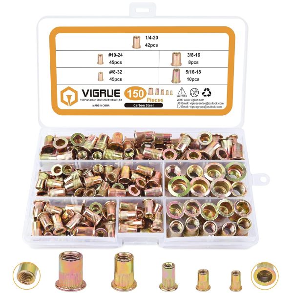 VIGRUE 150Pcs Rivet Nuts Assortment Kit,Flat Head Threaded Insert Nut Assort Set Yellow