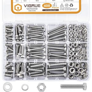 VIGRUE 408pcs M5 M6 M8 Hex Metric Fully Thread Bolts and Nuts Assortment Kit