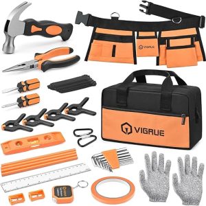 VIGRUE Kids Home DIY Woodworking Architect OrangeSmall Set, Learning Accessories Construction Gift Real Hand Tools Kit with Belt and Bag