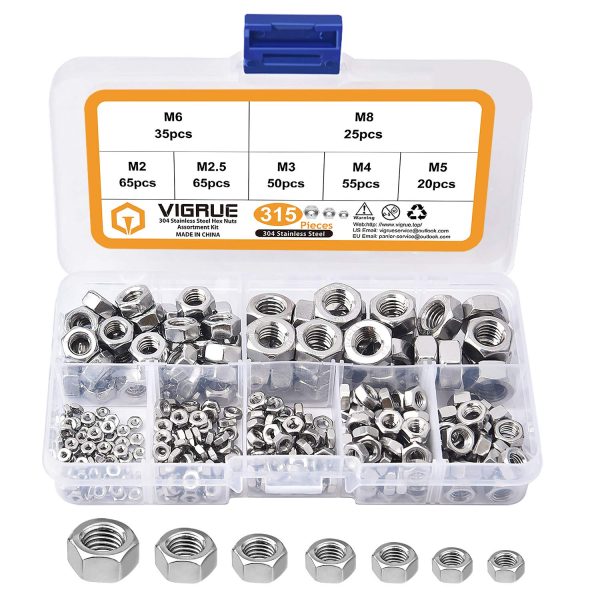 VIGRUE 315Pcs Hex Nuts Assortment Kit Sliver(2M 2.2M 3M 4M 5M 6M 8M)
