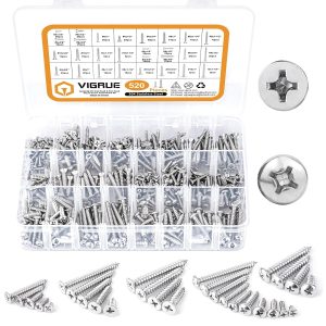 VIGRUE 520pcs Flat Head & Pan Head Philips Self Tapping Screw Sets(#4 #6 #8 #10Wood Screw Kit)
