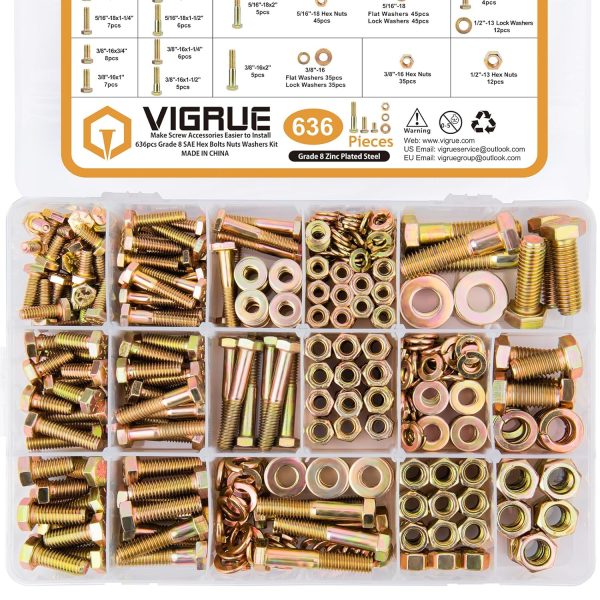VIGRUE 636PCS Grade 8 Bolt Assortment Kit, Heavy Duty SAE Bolts and Nuts Washers Kit
