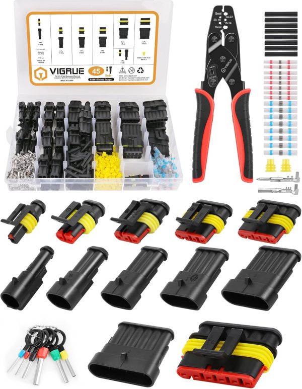 VIGRUE 45 Kits 22-16 AWG 1/2/3/4/6Pin Waterproof Car Electrical Wire Connector Terminals Plug Kit