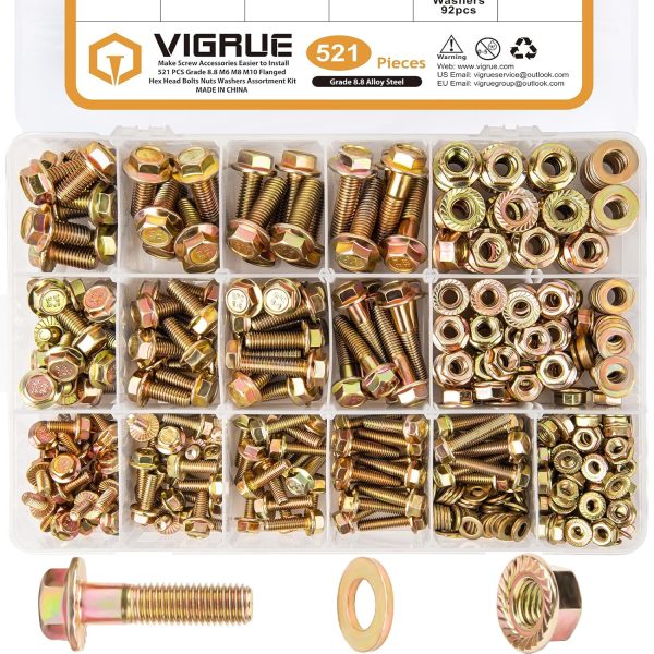 VIGRUE 521Pcs M6 M8 M10 Flange Bolts Assortment Kit,Metric Grade 8.8 Serrated Hexagon