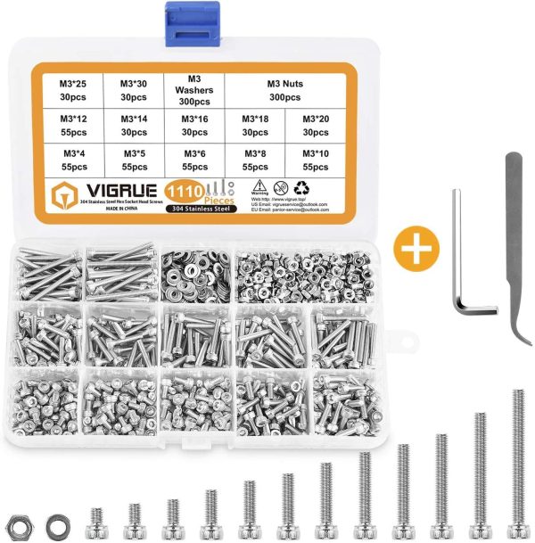 VIGRUE 1110Pcs M3 4-30mm Hexagon Socket Head Screw Kit Sliver