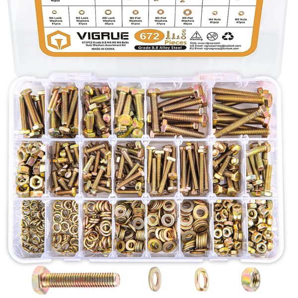 VIGRUE 672PCS Grade 8.8 M4 M5 M6 Metric Bolts Nuts Assortment