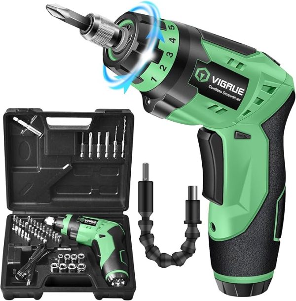 VIGRUE Cordless Rechargeable Screwdriver Set Green,Rechargeable Electric Screwdriver with LED Light, Flexible Shaft