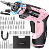 VIGRUE Cordless Rechargeable Screwdriver Set Pink, 2 Position Handle with LED Light, 48 Pcs Set Power Screwdriver for Daily