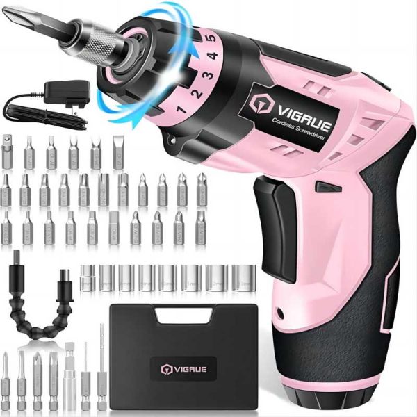 VIGRUE Cordless Rechargeable Screwdriver Set Pink, 2 Position Handle with LED Light, 48 Pcs Set Power Screwdriver for Daily