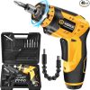 VIGRUE Cordless Rechargeable Screwdriver Set Yellow, with 45 Free Accessories, 7 Torque Setting, 2 Position Handle with LED Light, Flexible Shaft