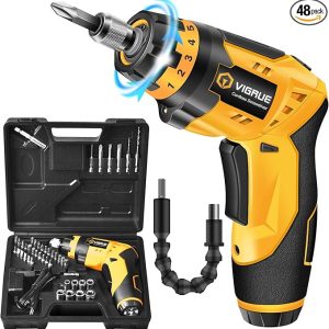 VIGRUE Cordless Rechargeable Screwdriver Set Yellow, with 45 Free Accessories, 7 Torque Setting, 2 Position Handle with LED Light, Flexible Shaft