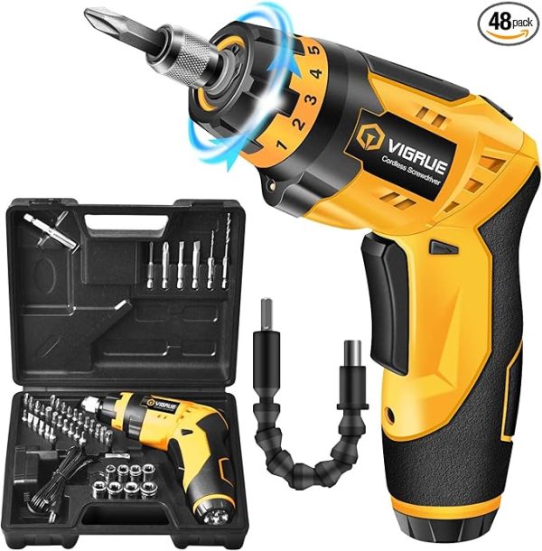 VIGRUE Cordless Rechargeable Screwdriver Set Yellow, with 45 Free Accessories, 7 Torque Setting, 2 Position Handle with LED Light, Flexible Shaft
