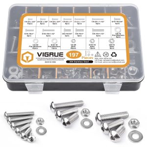 VIGRUE 197Pcs Hex Cap Bolts Flat Washers Nuts Kit,1/4-20 5/16-18 3/8-16 Button Head Cap Screw