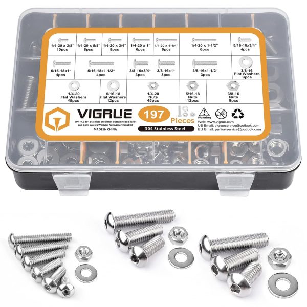 VIGRUE 197Pcs Hex Cap Bolts Flat Washers Nuts Kit,1/4-20 5/16-18 3/8-16 Button Head Cap Screw