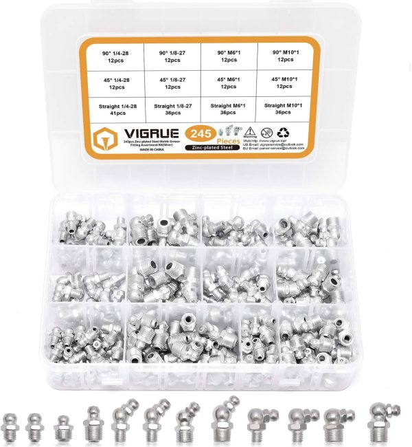 VIGRUE 245Pcs Grease Fittings Set,Standard Grease Fittings Grease Zerks