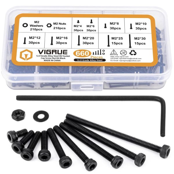 VIGRUE 660Pcs 12.9 Grade Alloy Steel M2 Assorted Screws Set Black,M2 x 4/6/8/10/12/16/20/25/30mm Hex Socket Head