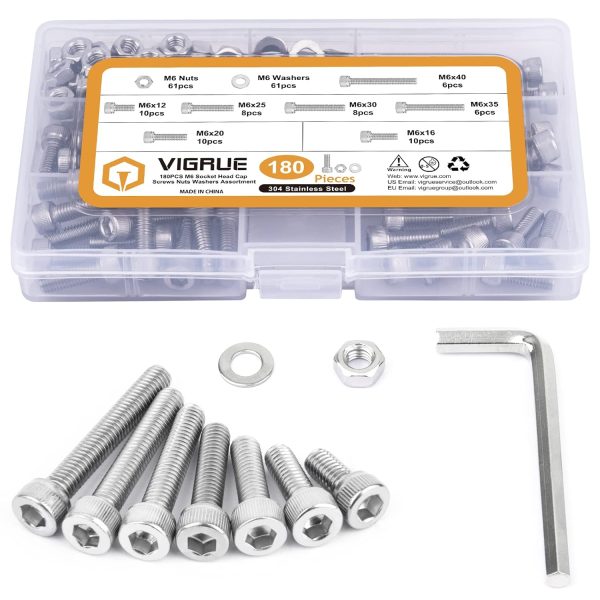 VIGRUE 180Pcs M6 Stainless Bolt Kit Hex Socket Head Full UNC Thread(Size M6x12/16/20/25/30/35/40mm)