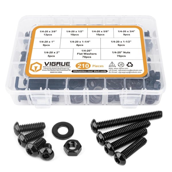 VIGRUE 210Pcs Button Head Socket Cap Bolts Screws Nuts Washers Kit,Size (1/4-20 x 3/8" to 2)