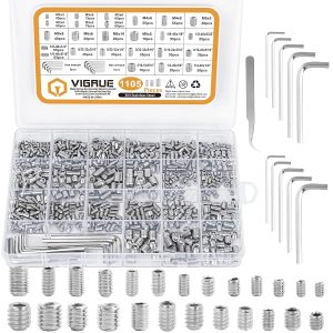 VIGRUE 1105PCS Hex Drive Allen Grub Screws Set Cup-Point 304 Stainless Steel,Size(M3 to M8 and 1/8-40 to 5/16-18)