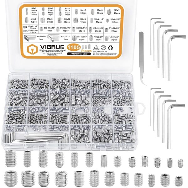 VIGRUE 1105PCS Hex Drive Allen Grub Screws Set Cup-Point 304 Stainless Steel,Size(M3 to M8 and 1/8-40 to 5/16-18)