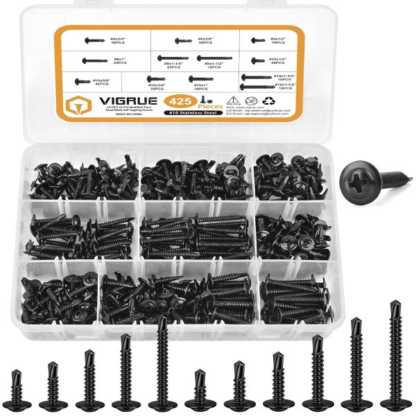 VIGRUE 425Pcs #8#10 Modified Truss Head  Black Self Tapping Screws for Metal Set(Length 1/2" to 1-1/2'')