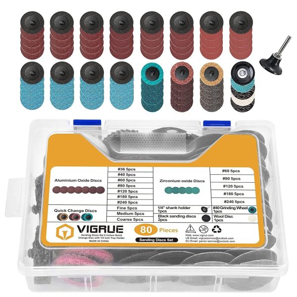 VIGRUE 80Pcs Sanding Discs Set,2 Inches Quick Change Discs with 1/4 inch Holder