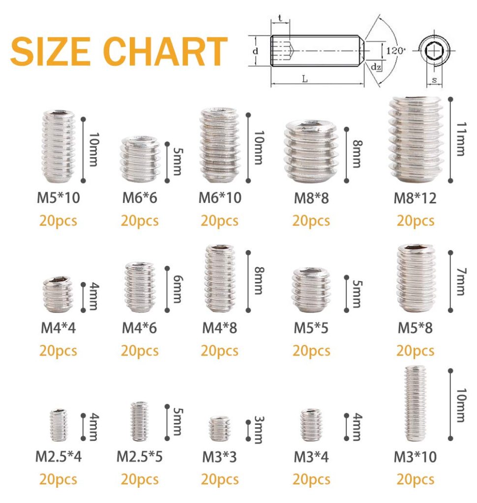 VIGRUE 300Pcs Hex Allen Head Socket Grub Screw Kit,304 Stainless Steel Size(M2.5/M3/M4/M5/M6/M8)