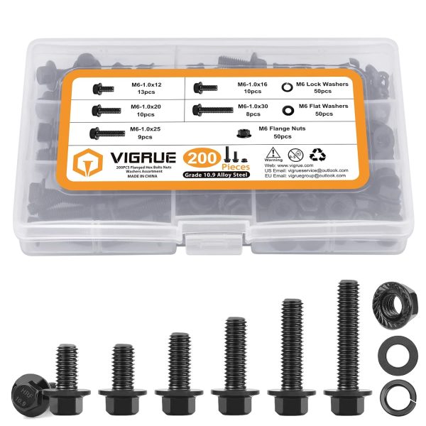 VIGRUE 200Pcs 10.9 Alloy Steel Flanged Hex Head Bolts Serrated Flange Nuts Washers,Size(M6-1.0 x 12/16/20/25/30mm)