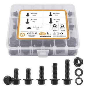 VIGRUE 125Pcs M8-1.25 x 16/20/25/30mm Hex Flange Bolts Nuts Washers Kit,Full Coarse Thread, Class 10.9 Alloy Steel