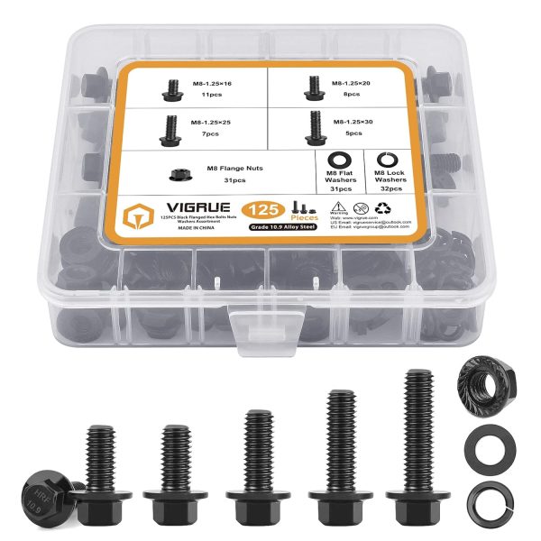 VIGRUE 125Pcs M8-1.25 x 16/20/25/30mm Hex Flange Bolts Nuts Washers Kit,Full Coarse Thread, Class 10.9 Alloy Steel