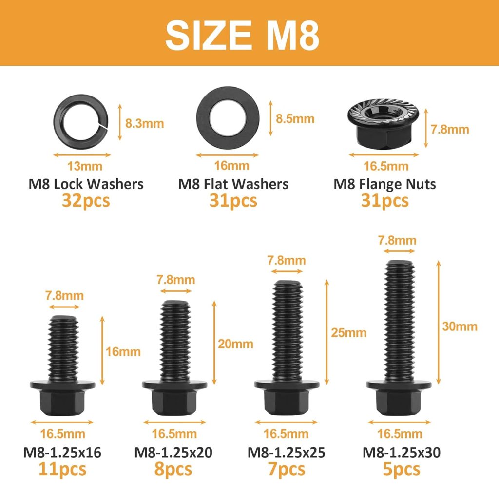 VIGRUE 125Pcs M8-1.25 x 16/20/25/30mm Hex Flange Bolts Nuts Washers Kit,Full Coarse Thread, Class 10.9 Alloy Steel