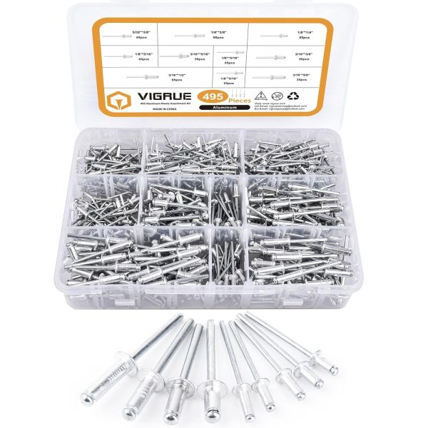 VIGRUE 495Pcs Aluminum Rivet Kit,Pop Rivets Blind Rivets 9 Sizes