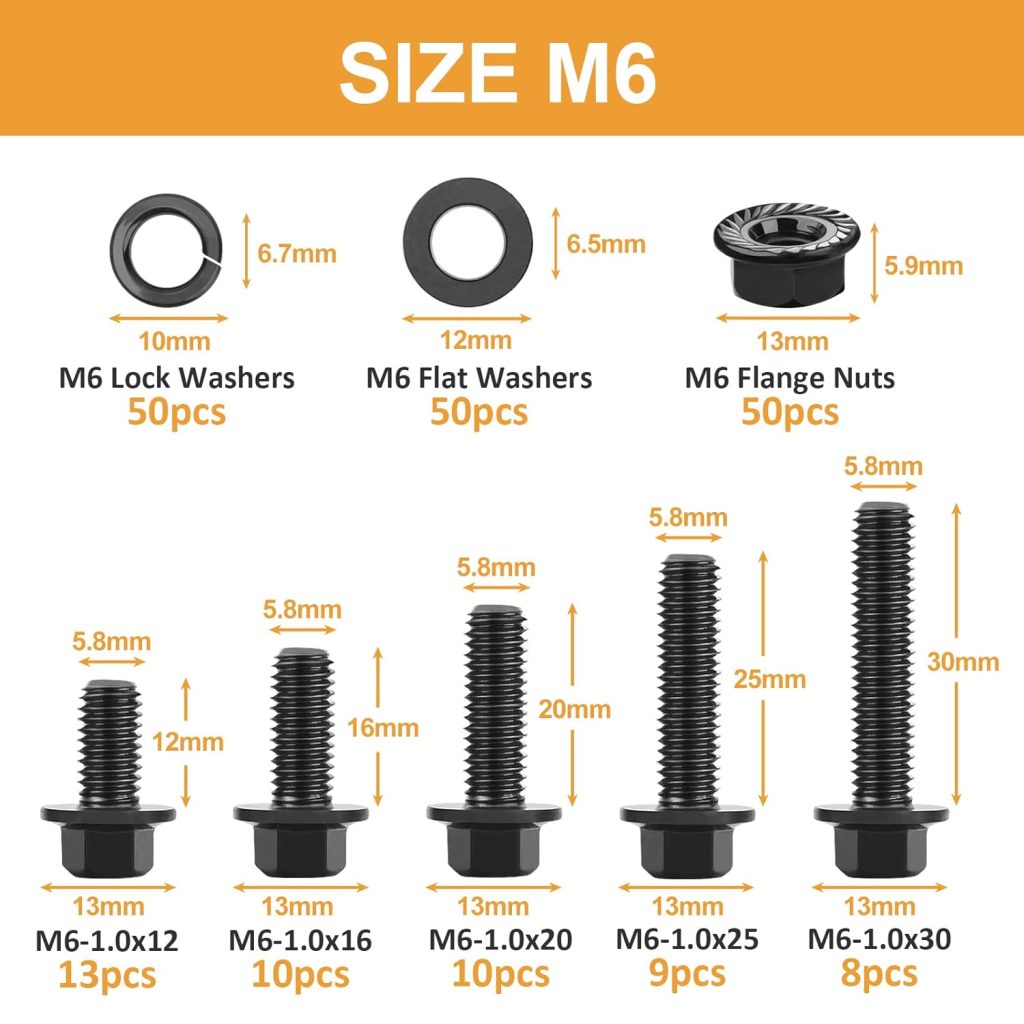 VIGRUE 200Pcs 10.9 Alloy Steel Flanged Hex Head Bolts Serrated Flange Nuts Washers,Size(M6-1.0 x 12/16/20/25/30mm)